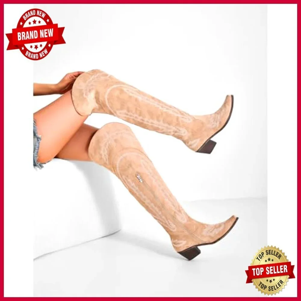 Over the Knee Cowboy Boots with Embroidery Chunky Heel Side Zipper Thigh High